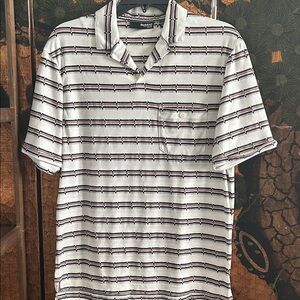 Murano “Johnny collar” Black, White, & Rust Striped Polo Shirt